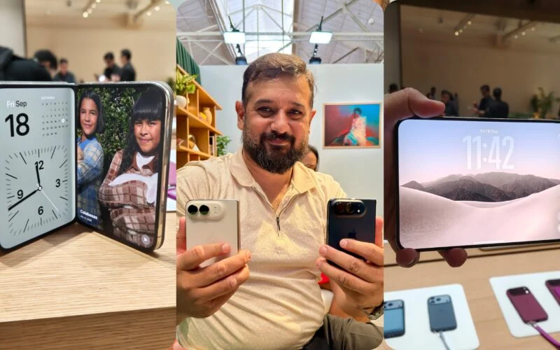 Faisal Kawoosa, Chief Analyst at Techarc, with the iPhone Duo foldable at Apple's preview in Mumbai: the device unfolded with a clock and photo display, held up in hand, and its outer screen.